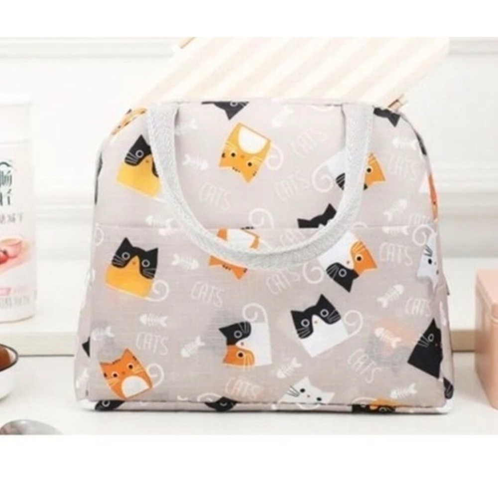 Cat Print Insulated Lunch Bag Gray Kawaii Cute New‎